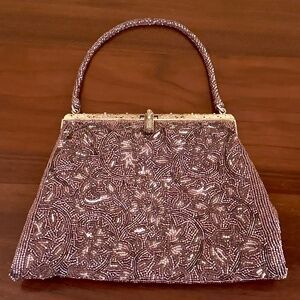 Vintage Mauve Beaded Evening Bag With Mirror